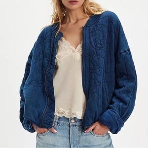 Free People NWT Rose Zip-Up Sweatshirt Jacket Indigo Blue Size Large Oversized